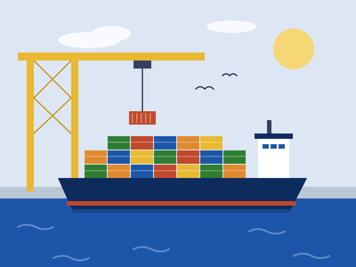 Container ship being loaded at port